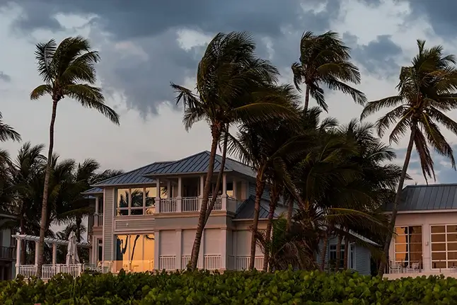 A costal house with a beachfront view enduring a storm while palm trees blow in the wind