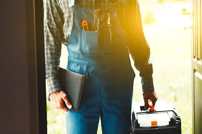 A man in overalls and a plaid shirt is seen from the shoulders down at sunrise in the doorway holding a toolbox, paperwork, and tools in his chest pocket.